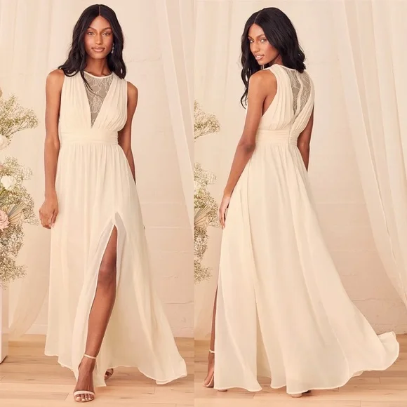 NWT Lulus Dreamy Devotion Gathered Chiffon Sleeveless Maxi Dress Boho  Bohemian S
